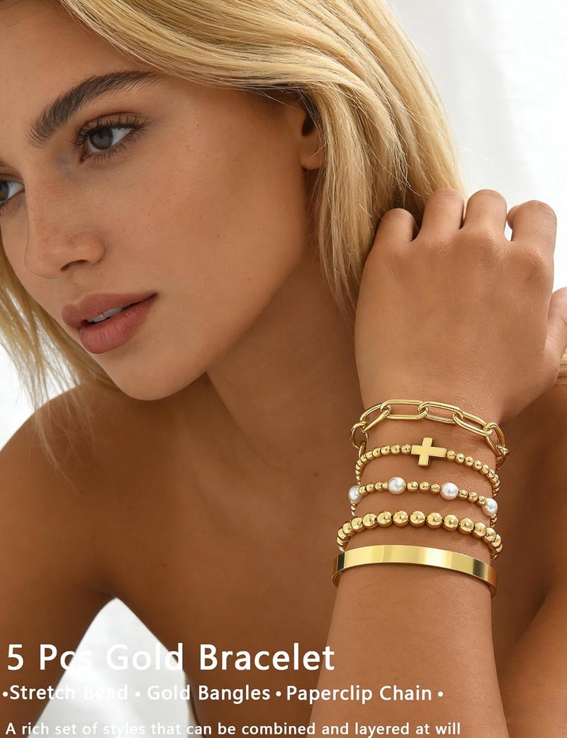 17mile Gold Beaded Bracelets for Women, 5 Pcs Dainty 14K Gold Plated Chunky Stretch Bead Ball Bracelet Stack - Image 2